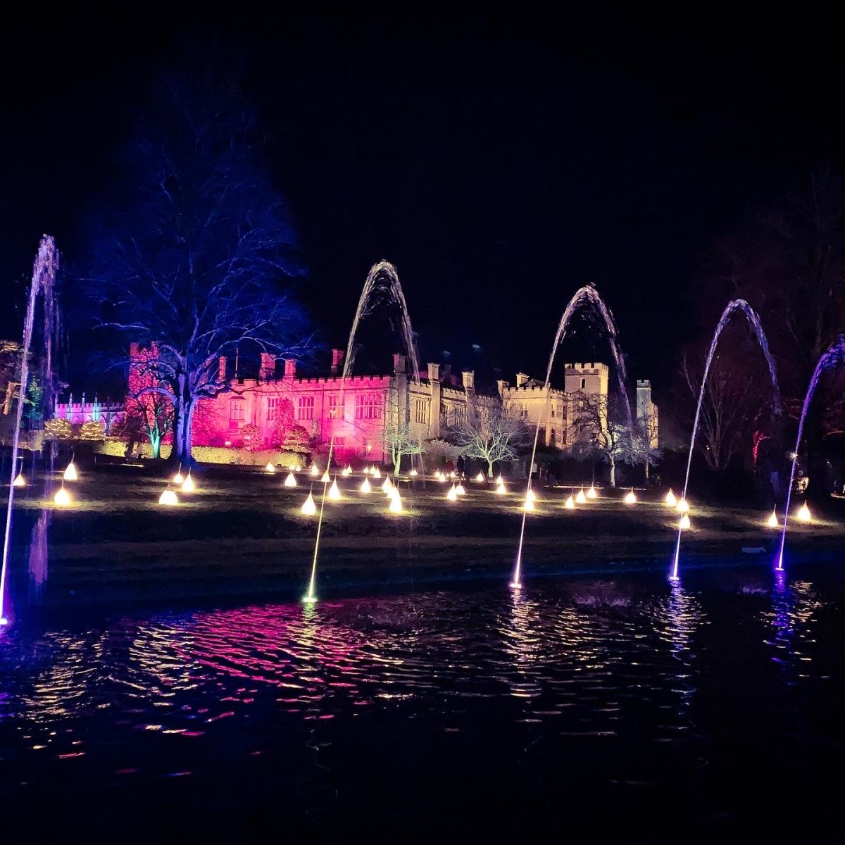 Fountain illuminated in front of Sudeley Castle
